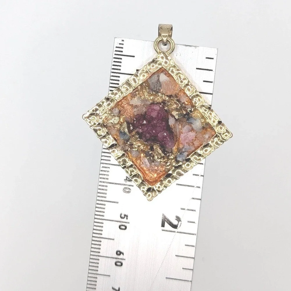 Gold Tone Square Raw Stone Cluster Pendant Magenta Quartz Bohemian Jewelry